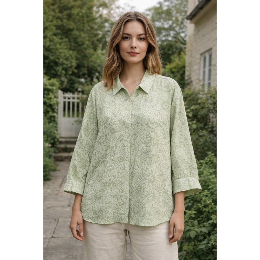 Susan Graver Top Button Up Womens Size 2X Long Slv Floral Pistachio Cotagecore
